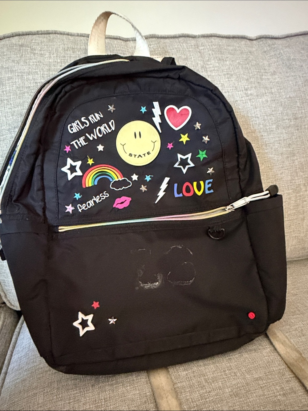 STATE Black Kids Backpack with Rainbow, Yellow Smiley & Colorful Patches